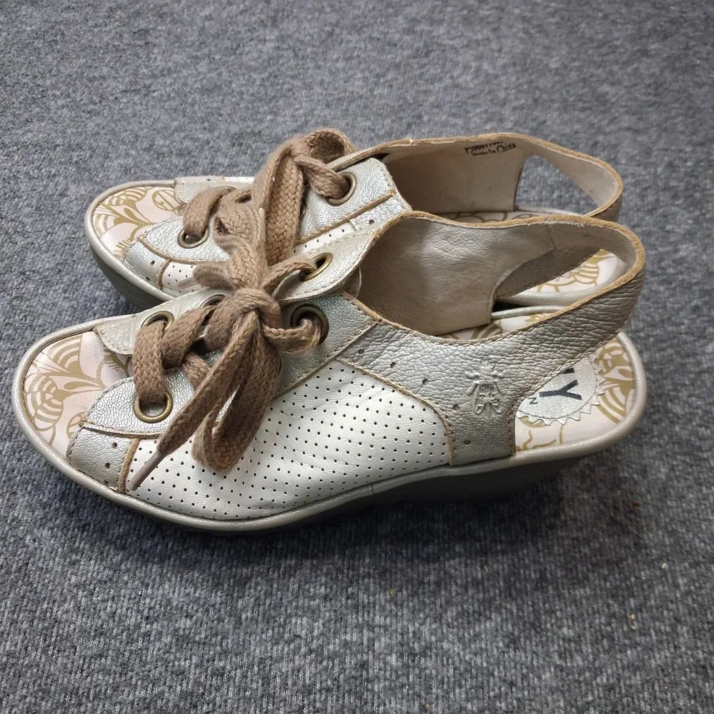 Fly London Yaffa Metallic Leather Wedge Sandals Champagne Gold P500617005 SZ 37